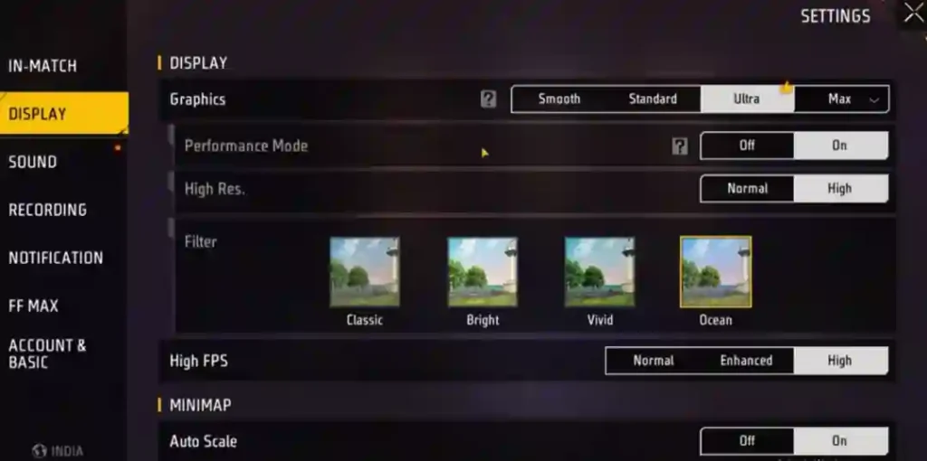 free fire In-Game Graphics and Display Settings